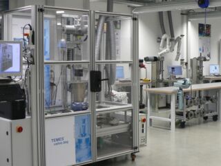 Test laboratory with valves test rig (left) and packing test rigs (right)